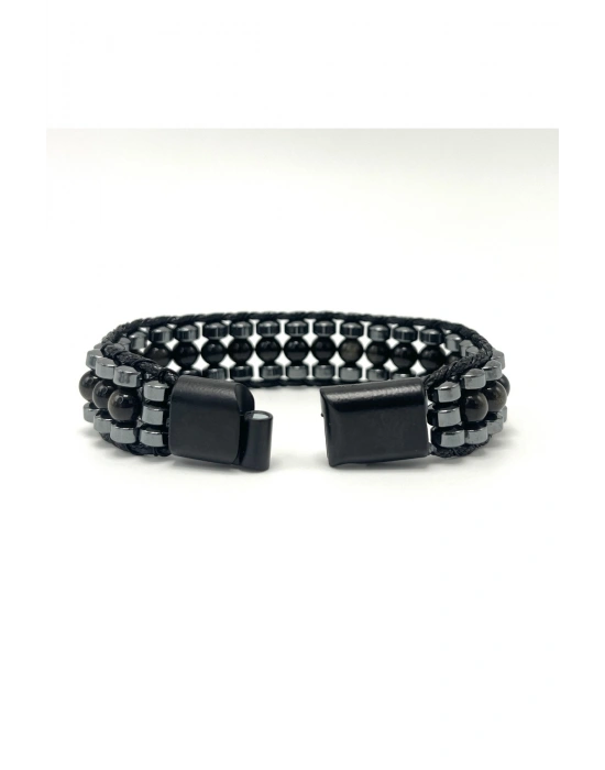 Sertifikalı Obsidyen Taşı Erkek Bileklik – Çelik Kilitli, Doğal Taş Tasarım, Şık ve Özgün Aksesuar