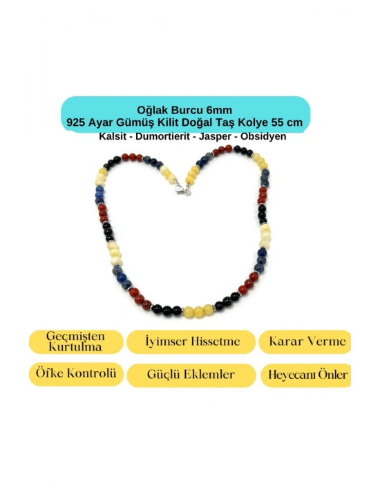 SERTİFİKALI Oğlak Burcu 6mm 925 Ayar Gümüş Doğal Taş Kolye 55 cm