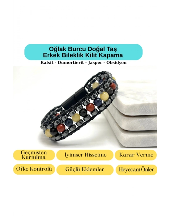SERTİFİKALI Oğlak Burcu Disk Model Doğal Taş Erkek Bileklik Mıknatıslı Kilit