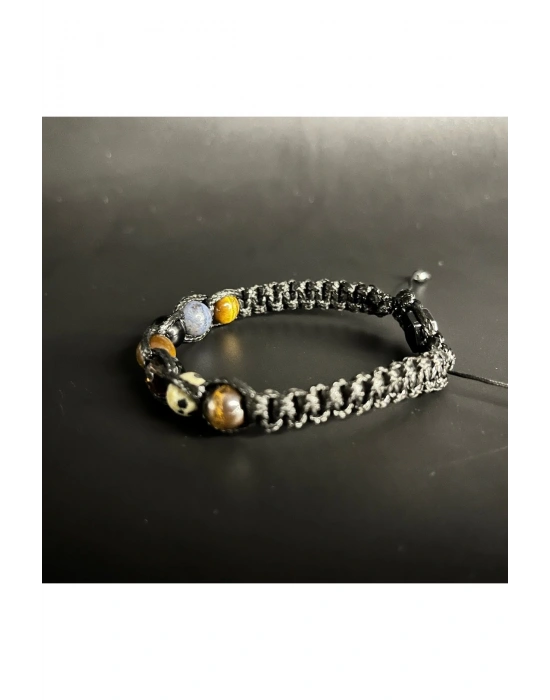 Sertifikalı Oğlak Burcu Doğal Taş Deri Bileklik Jasper D.kuvars Akik Dumortierit Kaplan Gözü