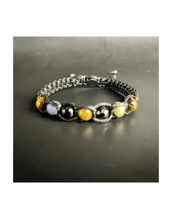 Sertifikalı Oğlak Burcu Doğal Taş Deri Bileklik Jasper D.kuvars Akik Dumortierit Kaplan Gözü