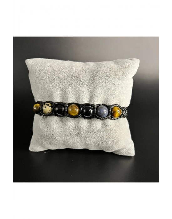 Sertifikalı Oğlak Burcu Doğal Taş Deri Bileklik Jasper D.kuvars Akik Dumortierit Kaplan Gözü