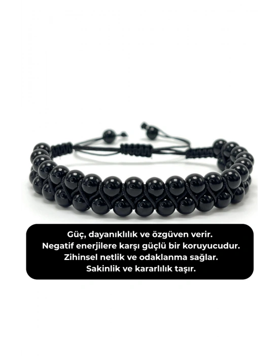 SERTİFİKALI Oniks Çift Sıra Doğal Taş Makrome Bileklik Ayarlanabilir Ölçü