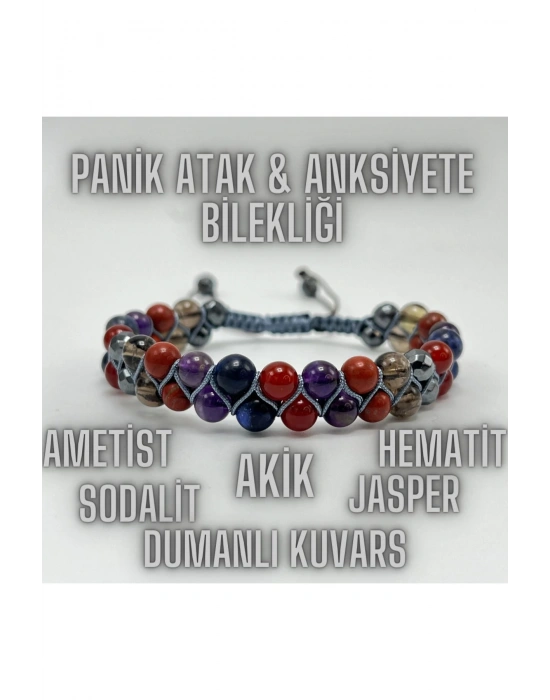 Sertifikalı Panikatak Anksiyete Doğal Taş Bileklik Sodalit Ametist Kuvars Akik Jasper Hematit