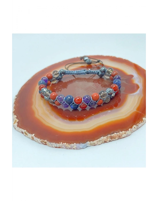 Sertifikalı Panikatak Anksiyete Doğal Taş Bileklik Sodalit Ametist Kuvars Akik Jasper Hematit