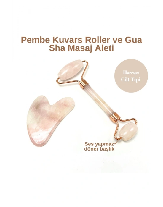 Sertifikalı Pembe Kuvars 1. Sınıf Kalite Roller ve Gua Sha Doğal Taş Masaj Aleti Takım