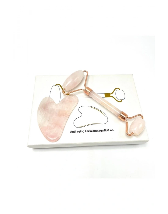 Sertifikalı Pembe Kuvars 1. Sınıf Kalite Roller ve Gua Sha Doğal Taş Masaj Aleti Takım