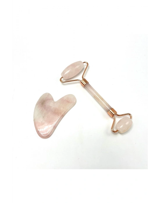 Sertifikalı Pembe Kuvars 1. Sınıf Kalite Roller ve Gua Sha Doğal Taş Masaj Aleti Takım