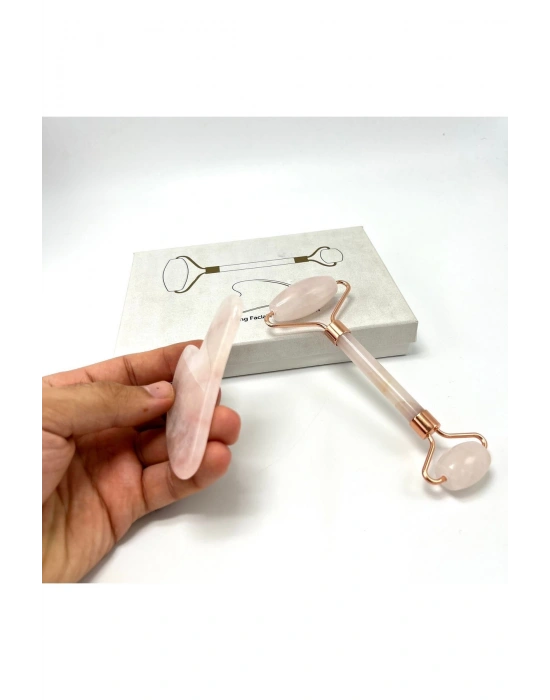 Sertifikalı Pembe Kuvars 1. Sınıf Kalite Roller ve Gua Sha Doğal Taş Masaj Aleti Takım