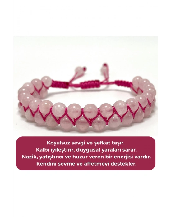 SERTİFİKALI Pembe Kuvars Çift Sıra Doğal Taş Makrome Bileklik Ayarlanabilir Ölçü