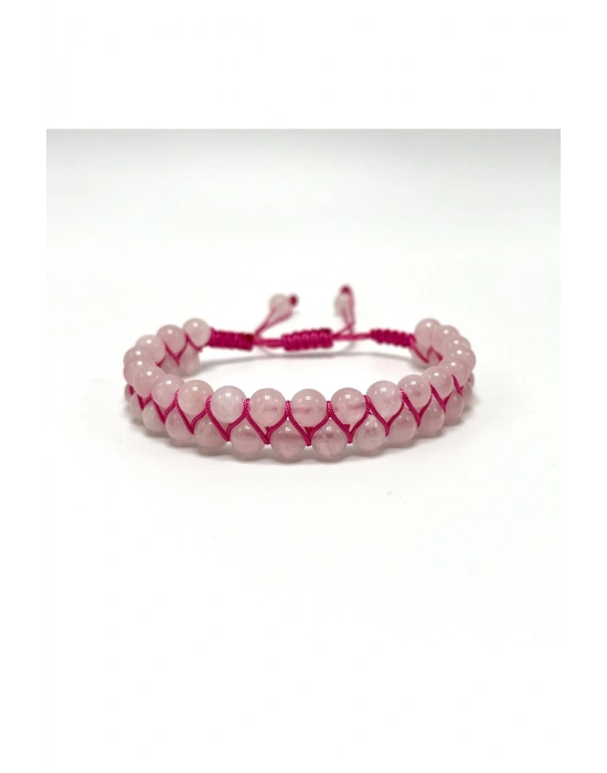 SERTİFİKALI Pembe Kuvars Çift Sıra Doğal Taş Makrome Bileklik Ayarlanabilir Ölçü