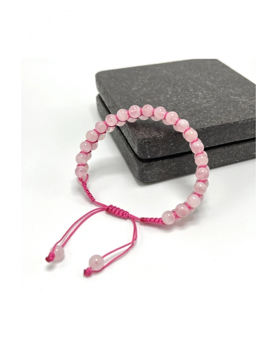 SERTİFİKALI Pembe Kuvars Çift Sıra Doğal Taş Makrome Bileklik Ayarlanabilir Ölçü