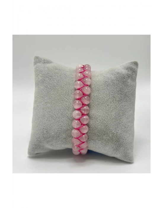 SERTİFİKALI Pembe Kuvars Çift Sıra Doğal Taş Makrome Bileklik Ayarlanabilir Ölçü