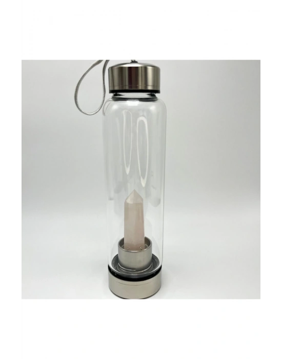 SERTİFİKALI Pembe Kuvars Doğal Taş Cam Su Matarası 550 ml  Özel Kılıflı Contalı Kapak Paslanmaz