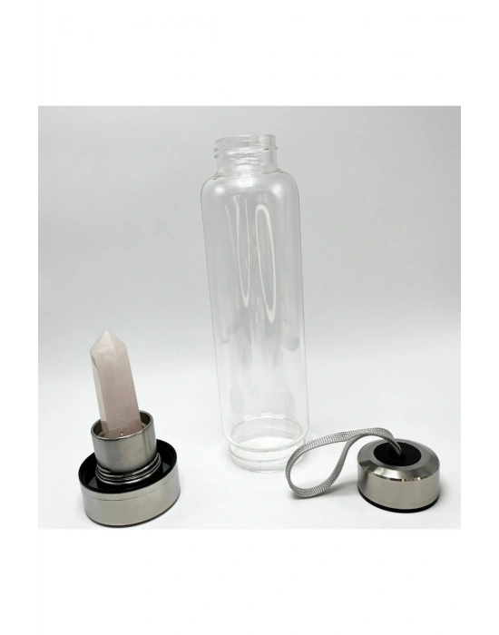 SERTİFİKALI Pembe Kuvars Doğal Taş Cam Su Matarası 550 ml  Özel Kılıflı Contalı Kapak Paslanmaz