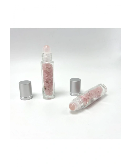 Sertifikalı Pembe Kuvars Doğal Taş Esans Şişesi ve Roller Masaj Aleti 10ml