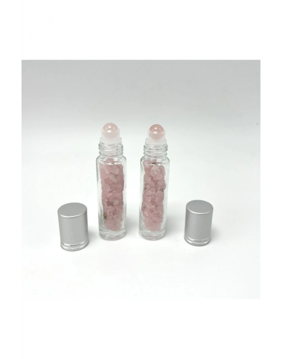 Sertifikalı Pembe Kuvars Doğal Taş Esans Şişesi ve Roller Masaj Aleti 10ml