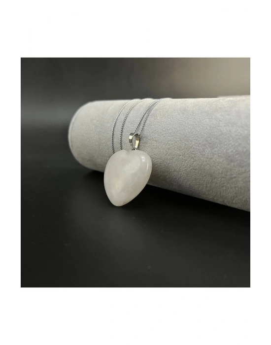 Sertifikalı Pembe Kuvars Kalp Model Doğal Taş Kolye (Kararmama Garantili)