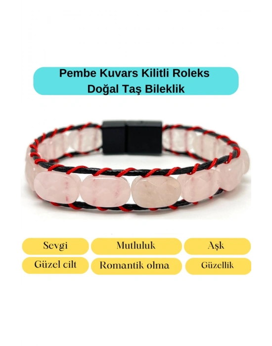 Sertifikalı Pembe Kuvars Kilit Kapama Roleks Doğal Taş Deri Bileklik