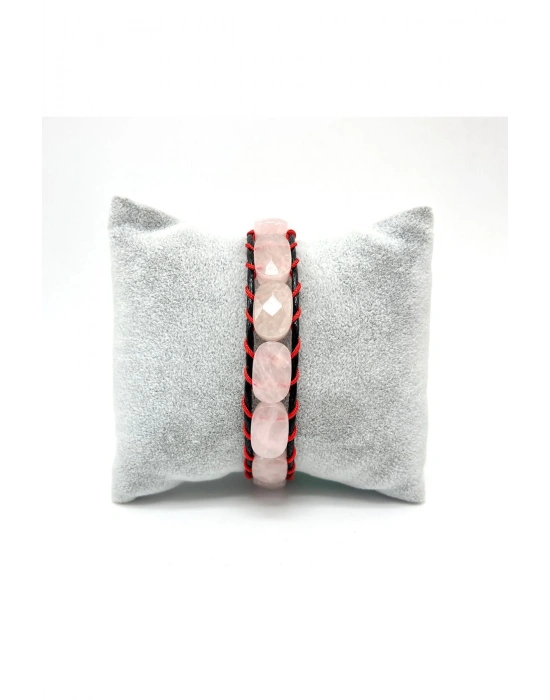 Sertifikalı Pembe Kuvars Kilit Kapama Roleks Doğal Taş Deri Bileklik