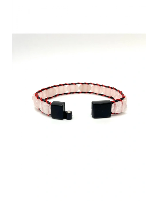 Sertifikalı Pembe Kuvars Kilit Kapama Roleks Doğal Taş Deri Bileklik