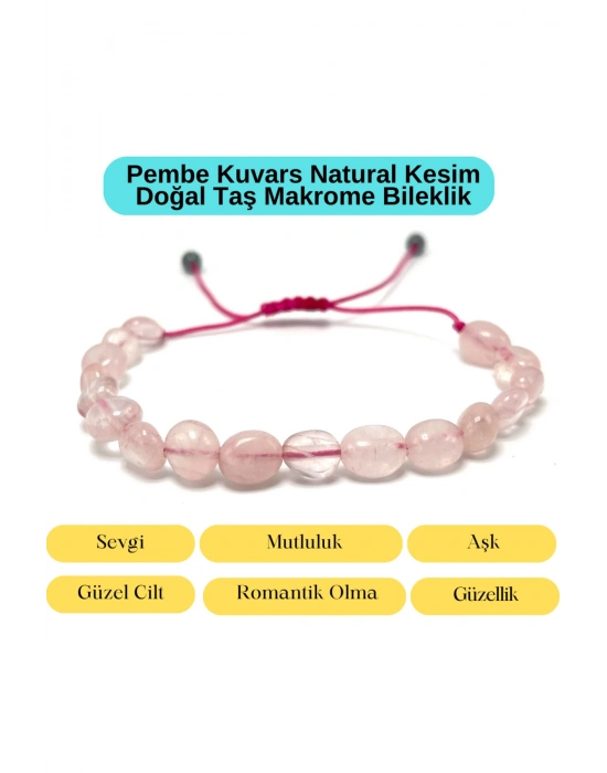 Sertifikalı Pembe Kuvars Natural Kesim Makrome Doğal Taş Bileklik Ayarlanabilir Ölçü