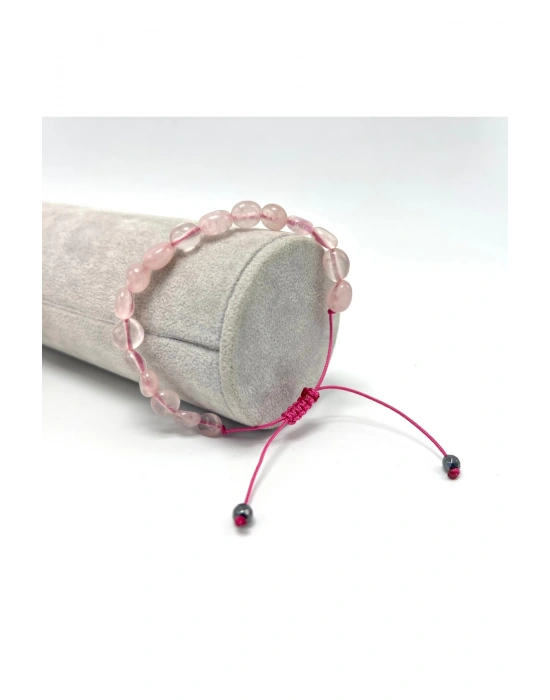 Sertifikalı Pembe Kuvars Natural Kesim Makrome Doğal Taş Bileklik Ayarlanabilir Ölçü