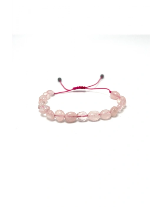 Sertifikalı Pembe Kuvars Natural Kesim Makrome Doğal Taş Bileklik Ayarlanabilir Ölçü