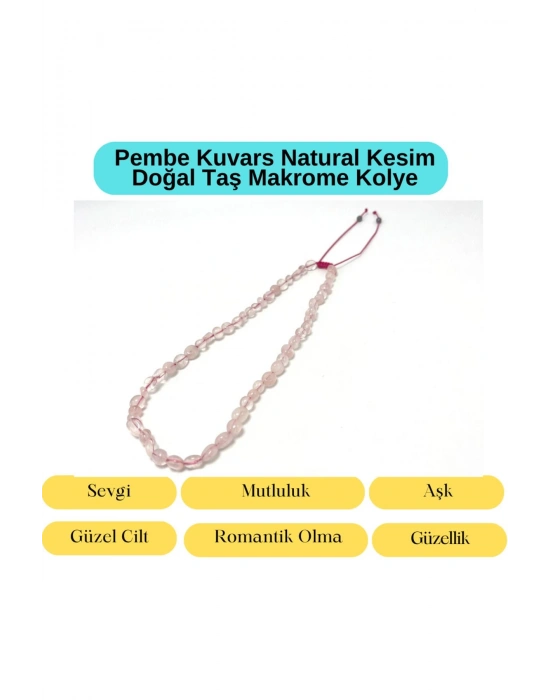Sertifikalı Pembe Kuvars Natural Kesim Makrome Doğal Taş Kolye Ayarlanabilir Ölçü