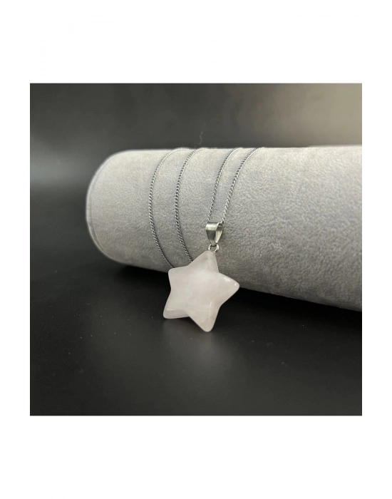 Sertifikalı Pembe Kuvars Yıldız Model Doğal Taş Kolye (KARARMAMA GARANTİLİ)