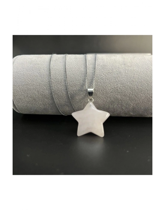 Sertifikalı Pembe Kuvars Yıldız Model Doğal Taş Kolye (KARARMAMA GARANTİLİ)