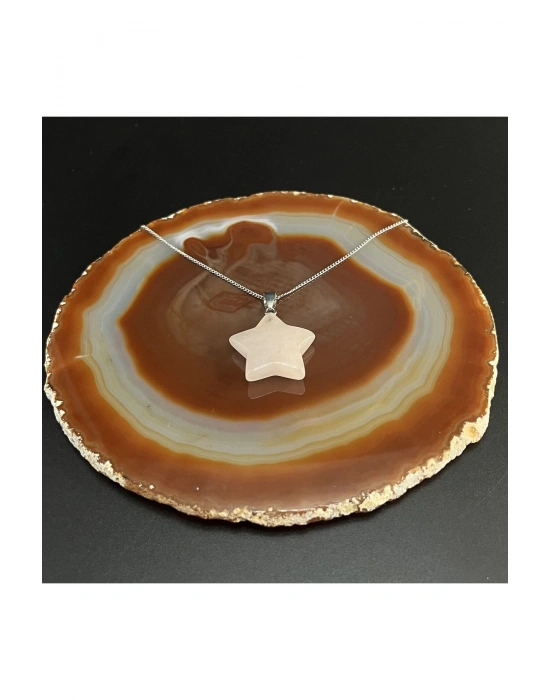 Sertifikalı Pembe Kuvars Yıldız Model Doğal Taş Kolye (KARARMAMA GARANTİLİ)