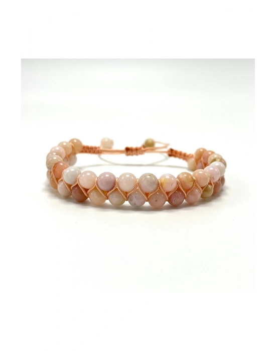 SERTİFİKALI Pembe Opal Çift Sıra Doğal Taş Makrome Bileklik Ayarlanabilir Ölçü
