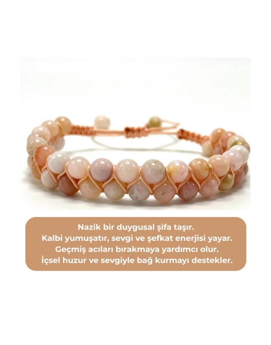 SERTİFİKALI Pembe Opal Çift Sıra Doğal Taş Makrome Bileklik Ayarlanabilir Ölçü