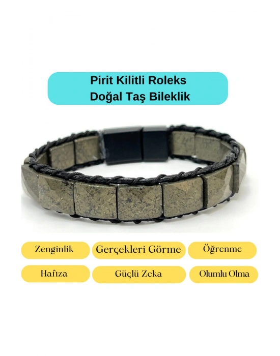 Sertifikalı Pirit Kilit Kapama Roleks Doğal Taş Deri Bileklik