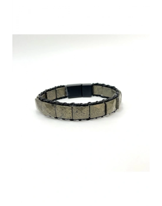 Sertifikalı Pirit Kilit Kapama Roleks Doğal Taş Deri Bileklik