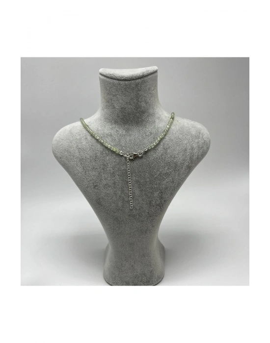 SERTİFİKALI Prehnit 4mm 925 Ayar Gümüş Doğal Taş Kolye Uzatma Zincirli