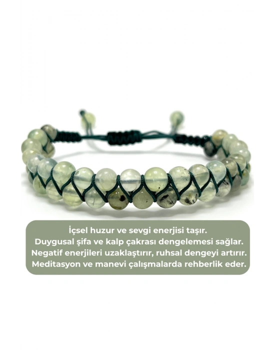SERTİFİKALI Prehnit Çift Sıra Doğal Taş Makrome Bileklik Ayarlanabilir Ölçü