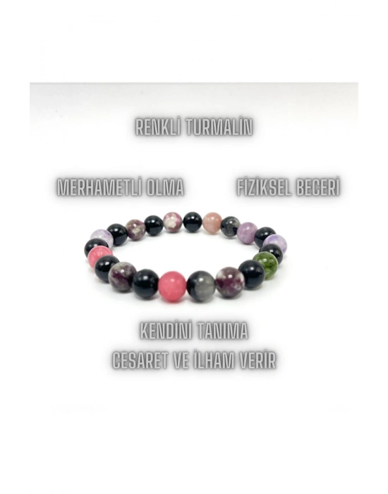 Sertifikalı Renkli Turmalin 8mm Elastik Misinalı Doğal Taş Bileklik