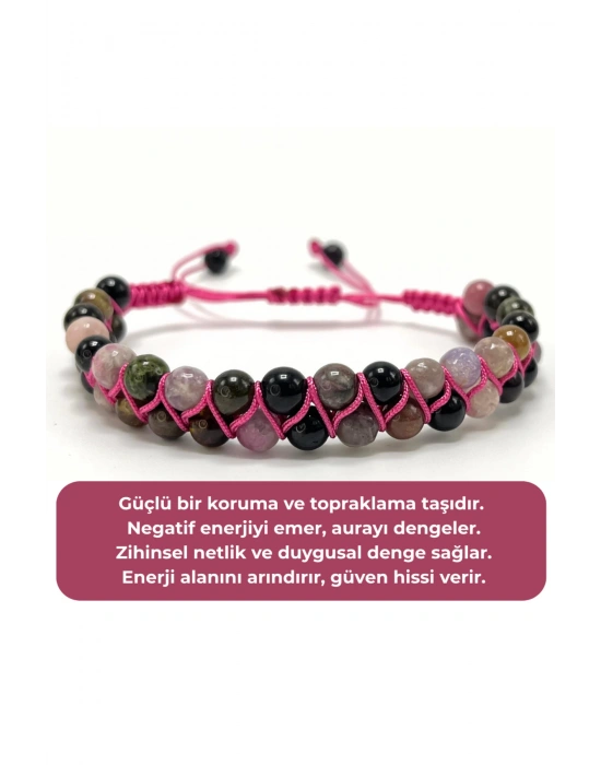 SERTİFİKALI Renkli Turmalin Çift Sıra Doğal Taş Makrome Bileklik Ayarlanabilir Ölçü