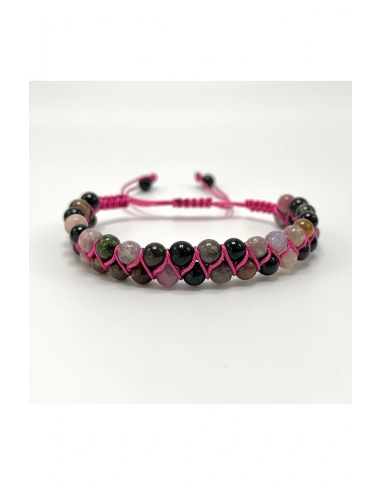 SERTİFİKALI Renkli Turmalin Çift Sıra Doğal Taş Makrome Bileklik Ayarlanabilir Ölçü