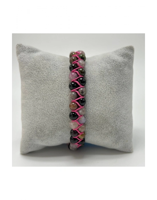 SERTİFİKALI Renkli Turmalin Çift Sıra Doğal Taş Makrome Bileklik Ayarlanabilir Ölçü