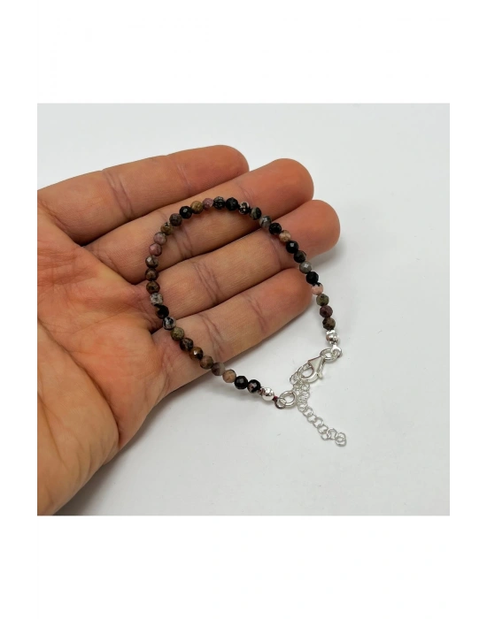 SERTİFİKALI Rodanit  4mm 925 Ayar Gümüş Doğal Taş Bileklik Uzatma Zincirli