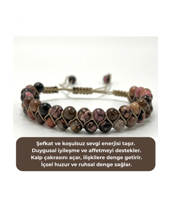 SERTİFİKALI Rodanit Çift Sıra Doğal Taş Makrome Bileklik Ayarlanabilir Ölçü