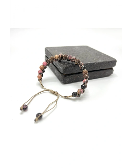 SERTİFİKALI Rodanit Çift Sıra Doğal Taş Makrome Bileklik Ayarlanabilir Ölçü