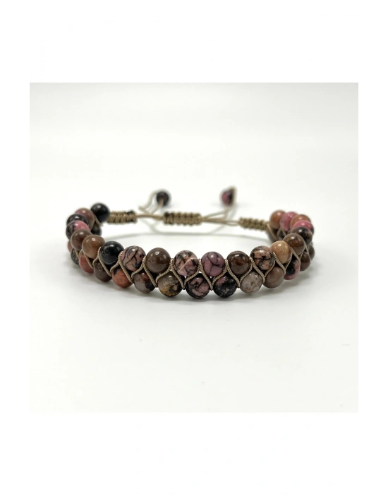 SERTİFİKALI Rodanit Çift Sıra Doğal Taş Makrome Bileklik Ayarlanabilir Ölçü