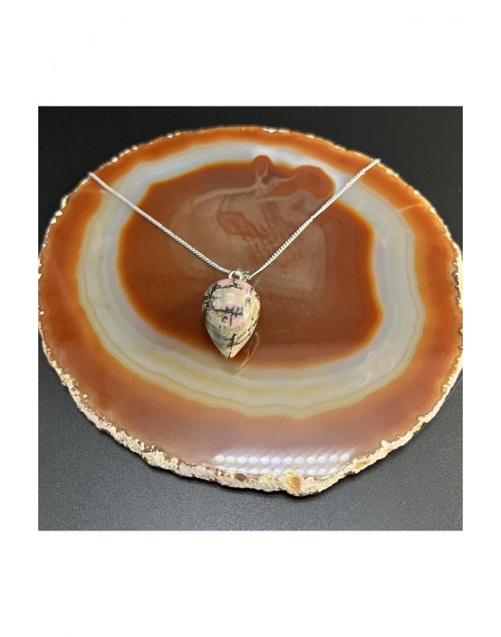 Sertifikalı Rodanit Damla Model Doğal Taş Kolye (KARARMAMA GARANTİLİ)