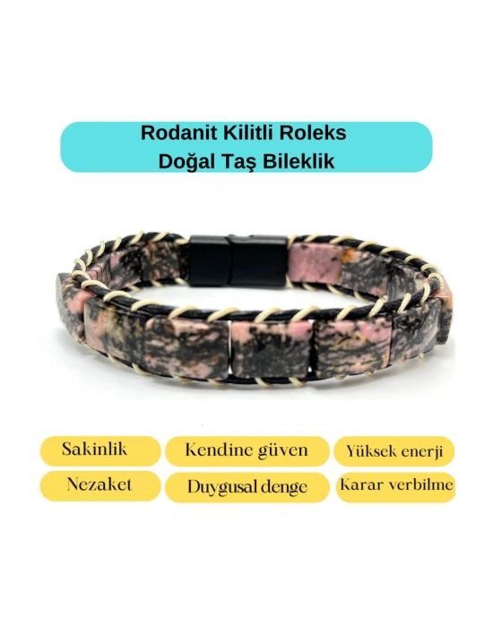 Sertifikalı Rodanit Kilit Kapama Roleks Doğal Taş Deri Bileklik