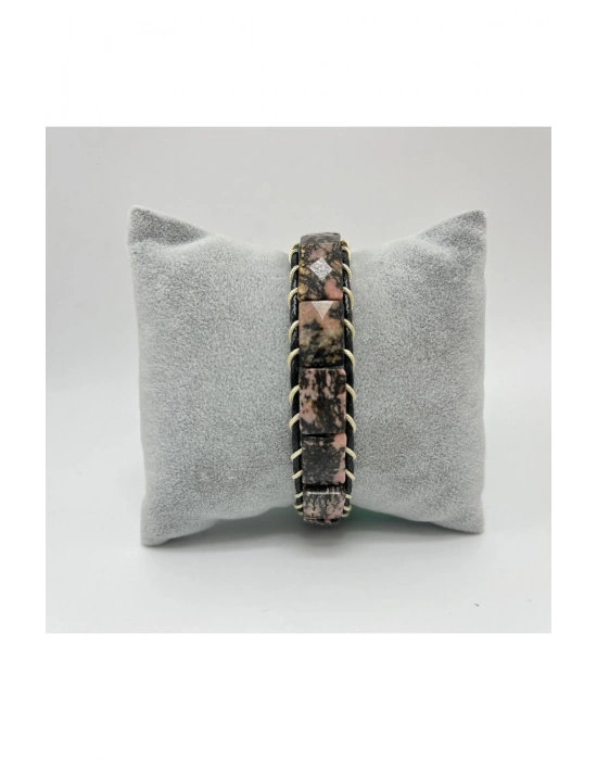 Sertifikalı Rodanit Kilit Kapama Roleks Doğal Taş Deri Bileklik