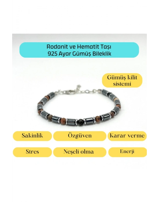 Sertifikalı Rodanit ve Hematit  925 Ayar Doğal Taş Gümüş Bileklik 4mm
